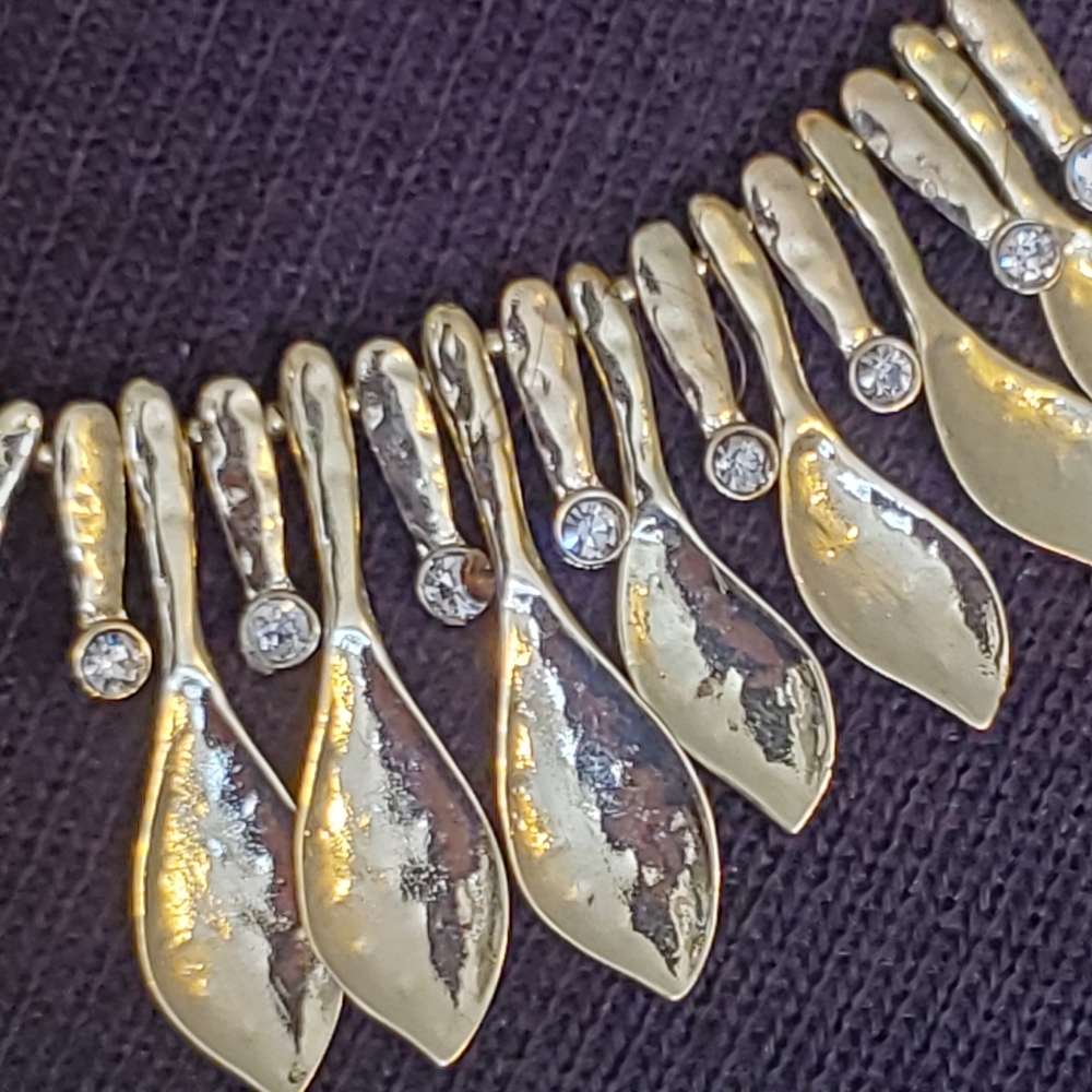 Vintage goldtone statement necklace with gold "spoons" and clear rhinestones - Picture 2 of 6